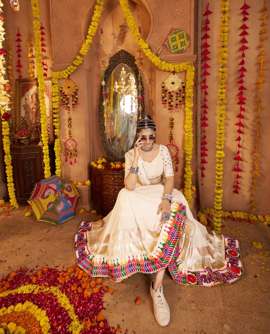 11003 - Sweet White Viscose Rayon Mirror Work Festival Wear Lehenga Choli